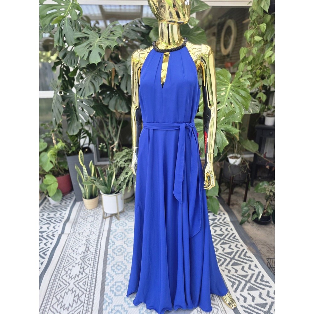 Calvin Klein Women’s Royal Blue Beaded Neck Halter Maxi Gown Dress 8 FLAW